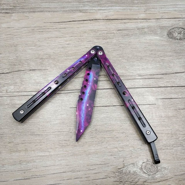 THIRD BUTTERFLY KNIFE RAINBOW BLUE PATTERN BLADE 11CM - Wicked Store